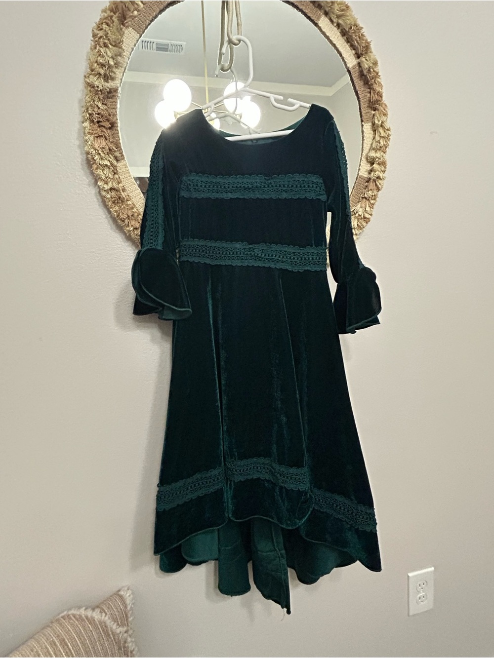 Girls Emerald Velvet High-Low Party Dress with Lace Bands